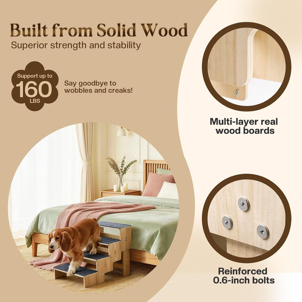 4-Step Wooden Dog Steps for Bed, Anti-Slip Dog Stairs with Carpet Pads, 23.6 Inches Pet Ramp for Dogs to Get on Bed