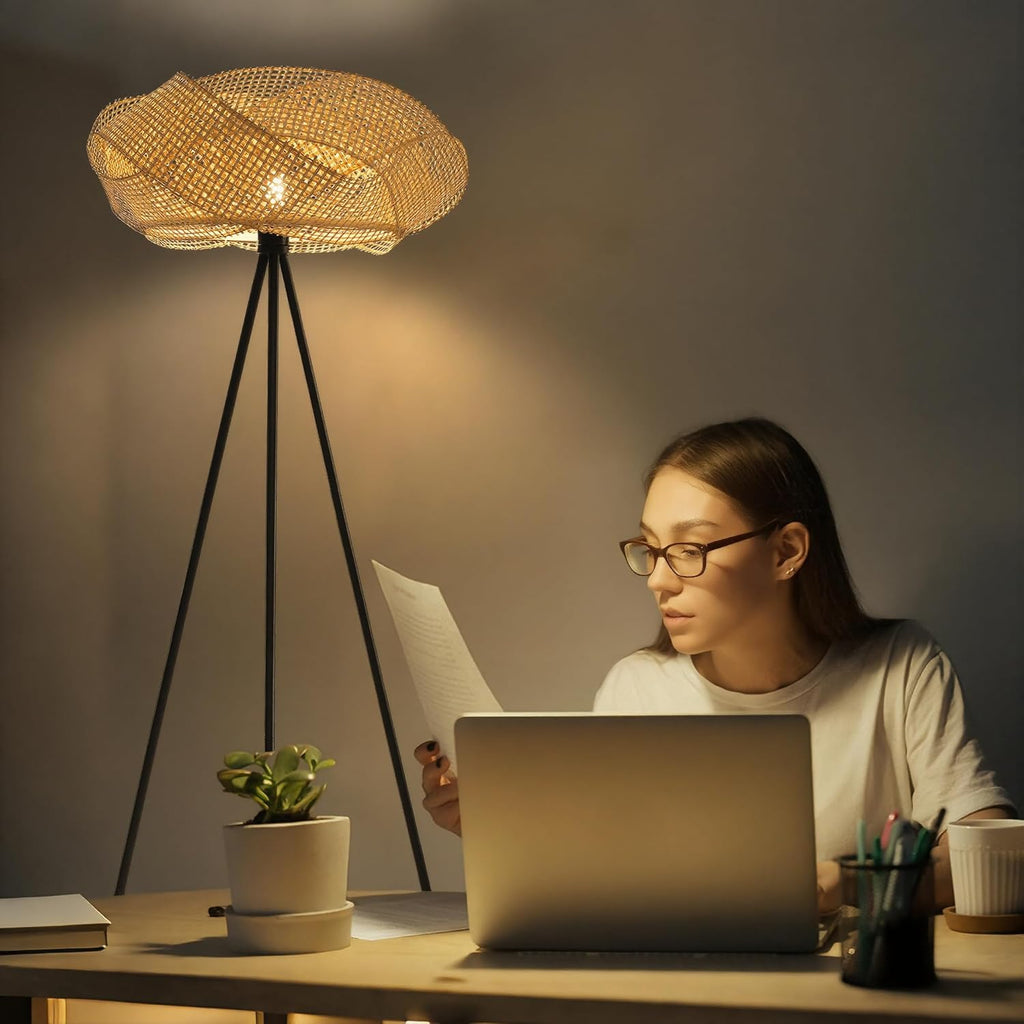 Bamboo Tripod Floor Lamp, Handwoven Lotus Shade Standing Lamp, Boho Natural Woven Light with Black Metal Stand Bedroom