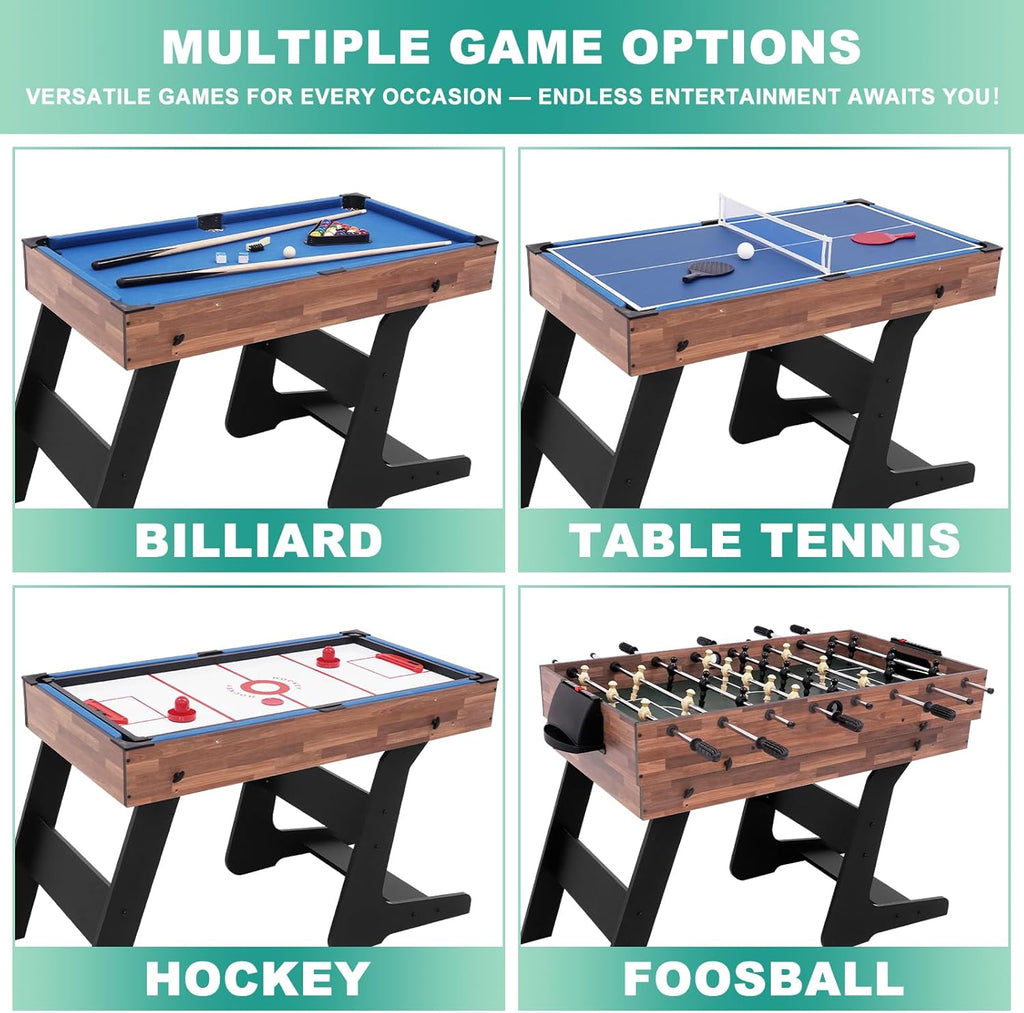 Foldable Multi Game Table, 4-in-1 Combo Game Table Set with Ping Pong, Hockey, Pool Billiards and Foosball for