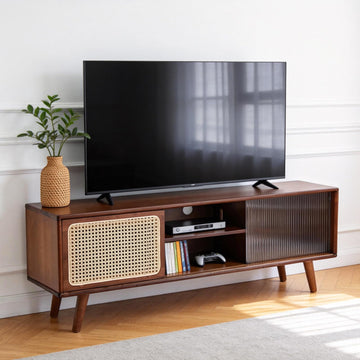 Rattan TV Stand for 55 Inch TV, Bamboo Cabinet with Storage, Walnut