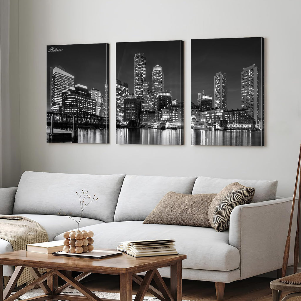Baltimore Skyline Wall Black and White Night Maryland Skyscraper Pictures Prints Office Wall Decor USA Cityscape