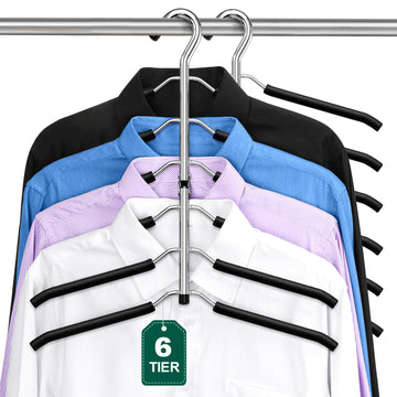 Clothes Hangers Space Saving: 6 Tier Coat Hanger Space Saving Hangers Non Slip Foam Padded Hanger, 3 Pack Black Metal