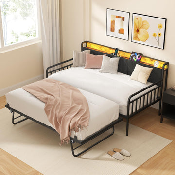 Twin Daybed with Pop Up Trundle, Heavy Duty Metal Twin Bed Frame with LED Lights Charging Station Upholstered
