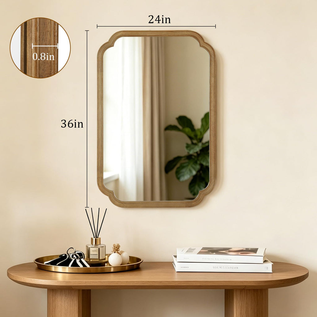 Wood Bathroom Mirror for Wall Decor Arched Rounded Corner Rustic Wood Frame Wall Mirror Home Decorative for Vanity
