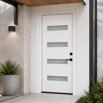 36 x 80 White Fiberglass Front Entry Door, Woodgrain Texture, 4-Lite Frosted Low-E Glass, 4-9/16" Vinyl Frame &