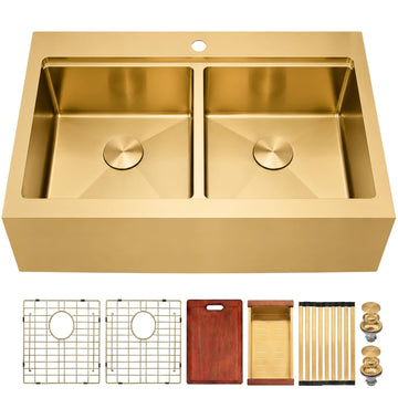 28 Inch Apron Front Farmhouse Double Bowl Gold Kitchen Sink