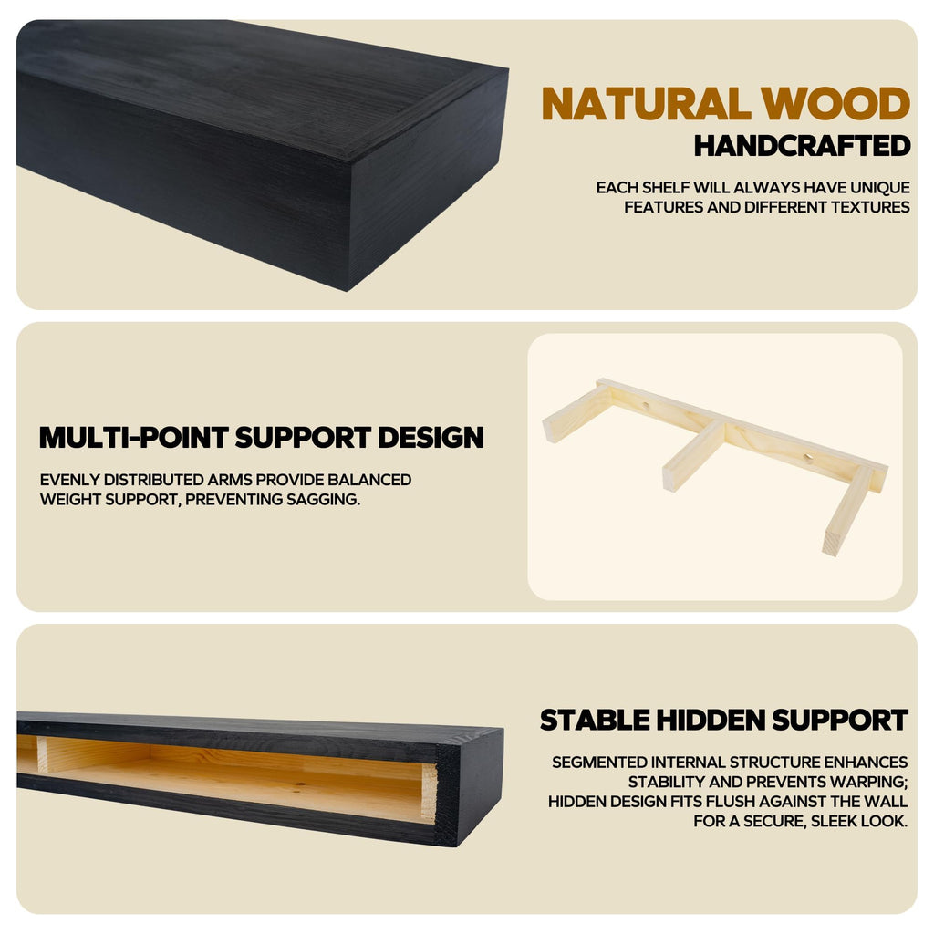 Floating Shelves 3 inch Thick for Wall Set of 2, Solid Pine Wood Wall Mount Shelf Living Room Bedroom Bathroom, 8" D x