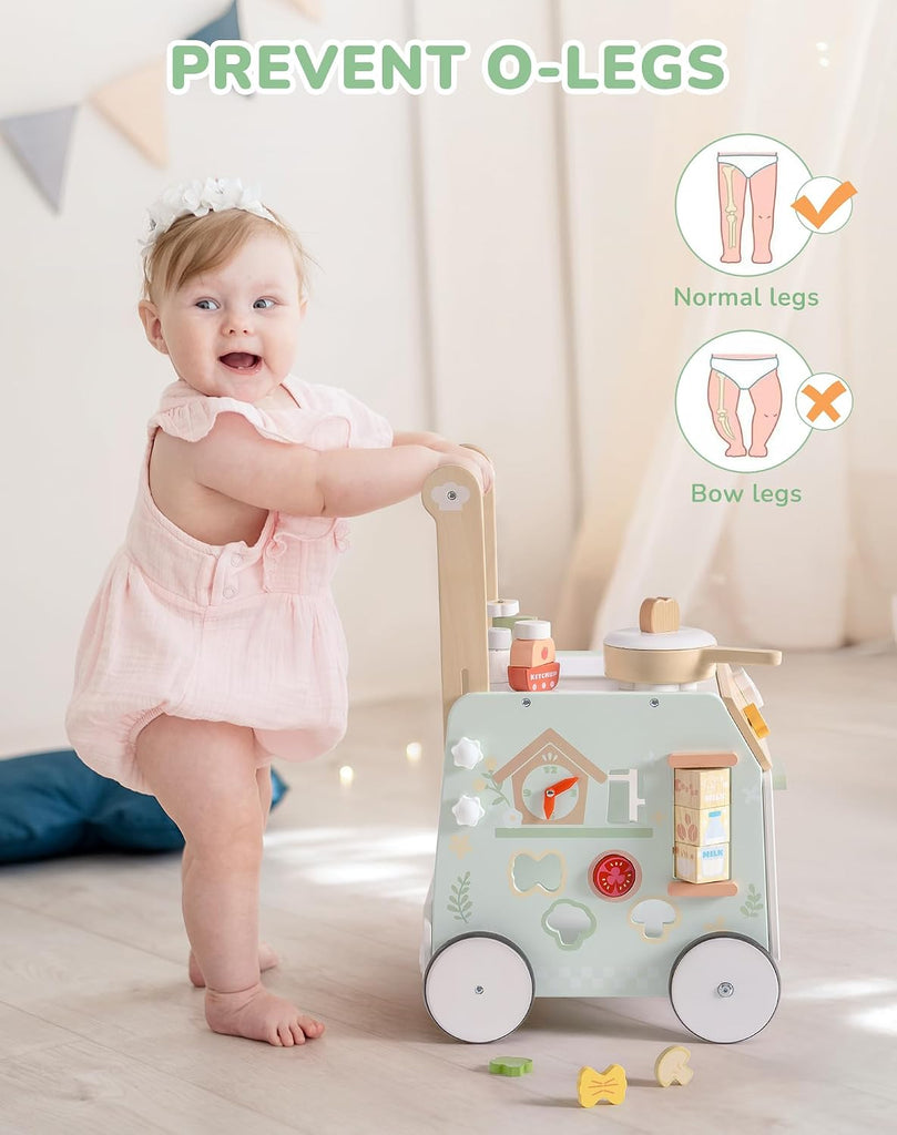 Wooden Baby Push Walker, Learning Walking Toys, Adjustable Height Baby Walker with Decelerator, Montessori Toys