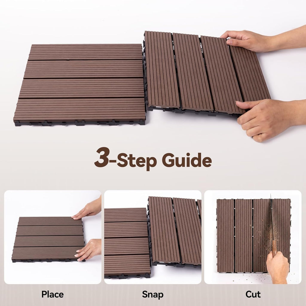 Composite Deck Tiles Interlocking Patio Flooring Outdoor, 10 Pcs 12x12 Inch Durable HDPE Tiles Waterproof, All-Weather