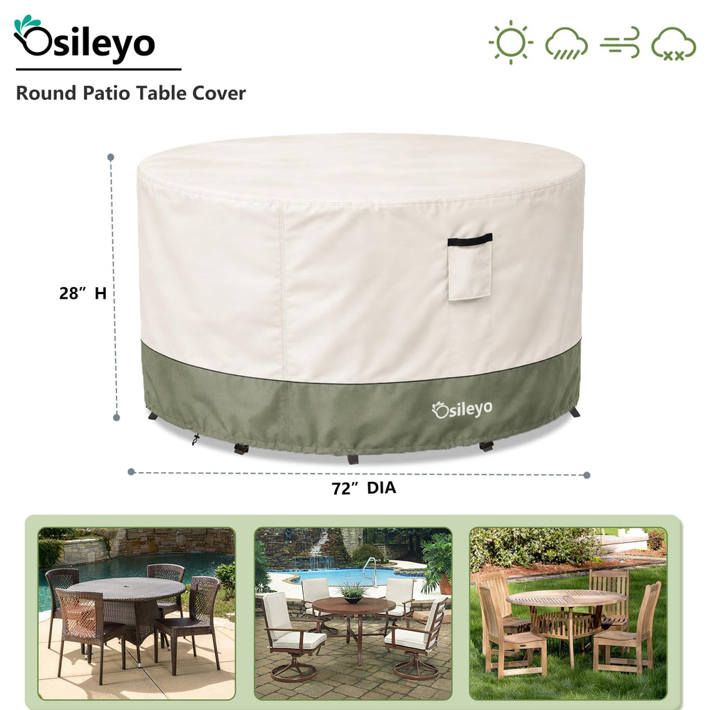Round Outdoor Table Cover 600D Waterproof Heavy Duty Patio Furniture Covers, Round Patio Table Chair Set Covers - 72"