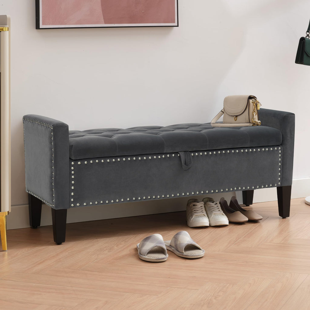 46" Storage Ottoman Bench, Velvet Footstool, Dark Grey