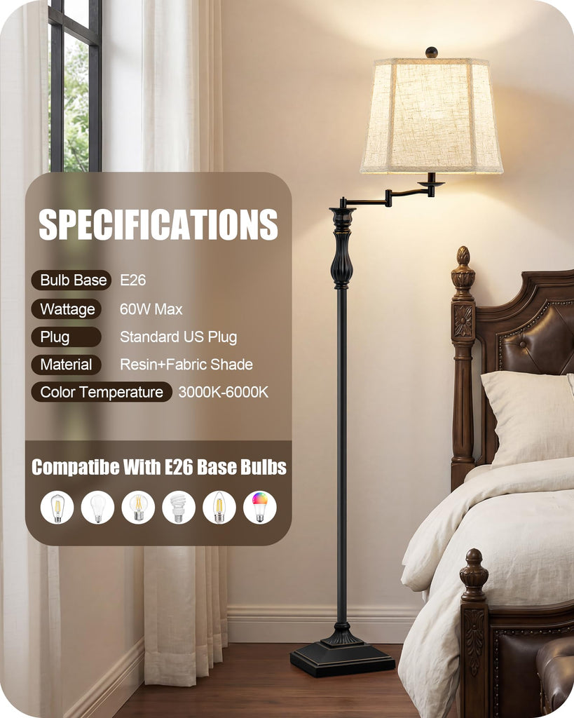 62" Black Floor Lamp with 350° Adjustable Swing Arm