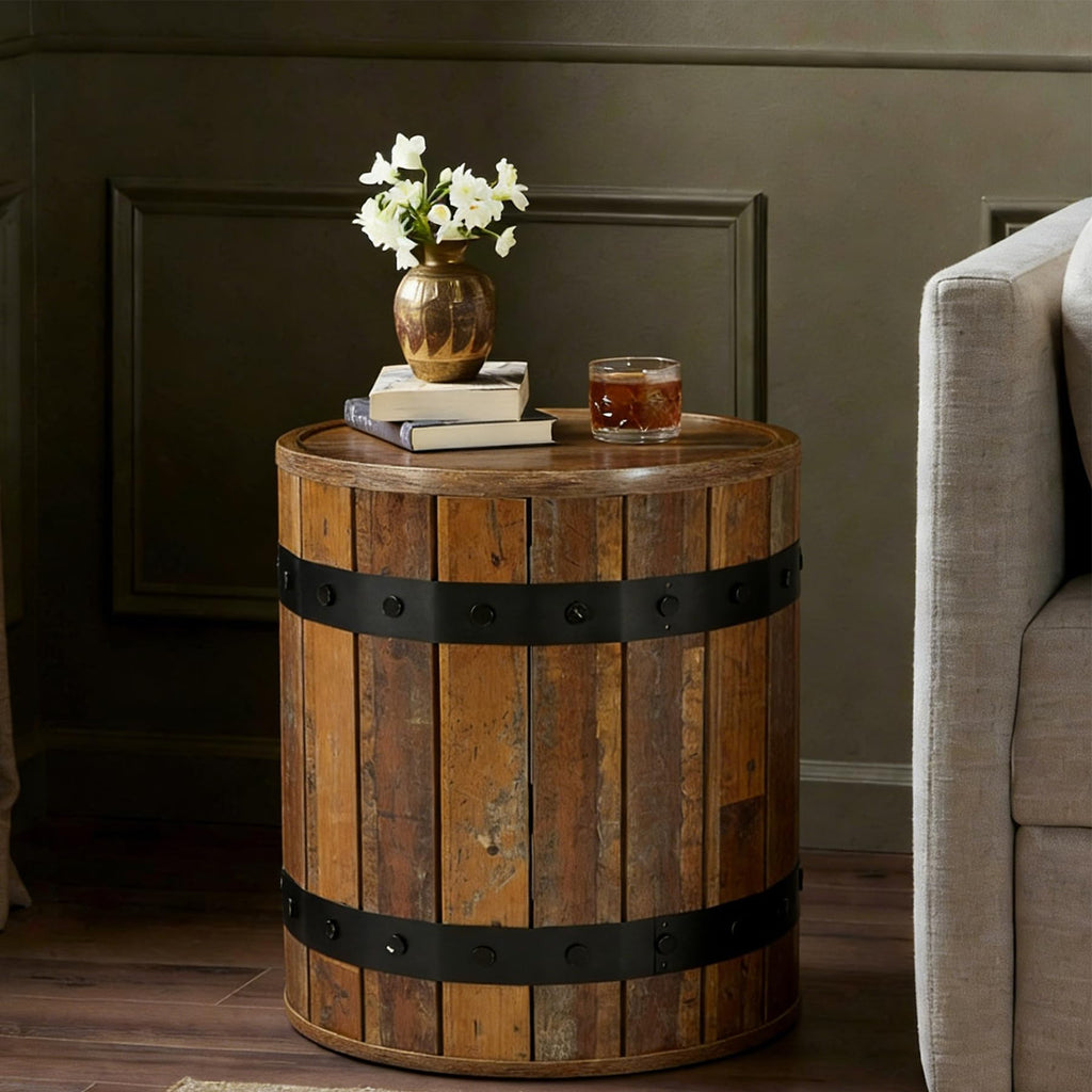 Barrel Side Table with Hidden Storage, 19.68" Farmhouse Round Rustic Wood End Table with Removable Lid, 24" Tall Sofa