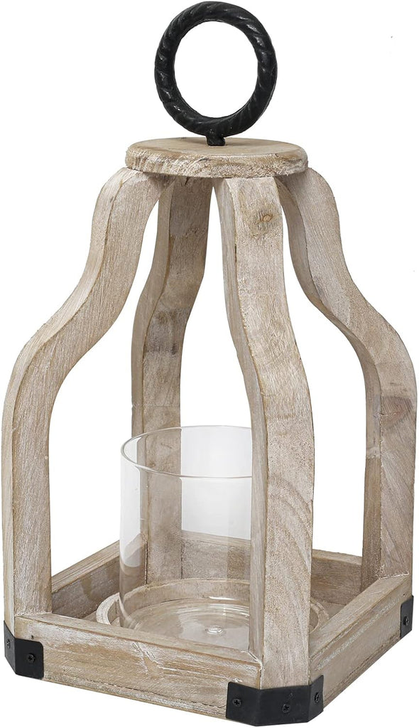 13" Rustic Farmhouse Wood Candle Hurricane Lantern with Glass Candlestick Holder for Patio, Table Centerpiece, White