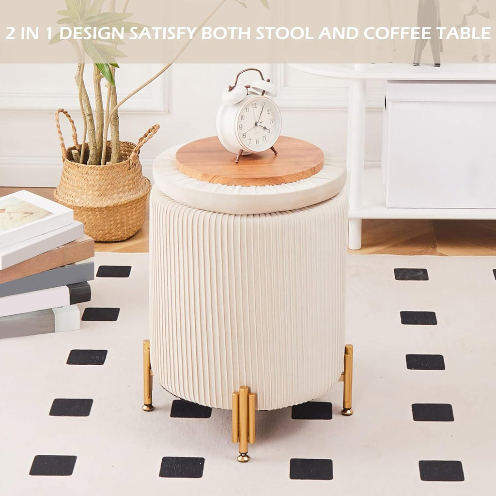 Round Ottoman Foot Stool with Storage and Metal Legs Bedroom, Velvet Upholstered Footrest Stool Support 300lbs Modern