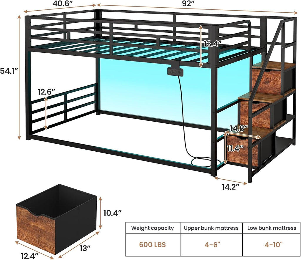 Low Bunk Bed Twin Over Twin with Storage Staircase, Drawers & Shelves