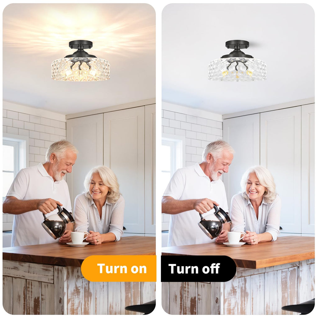 Black Semi Flush Mount Ceiling Light, 3-Light Ceiling Light with Hammered Glass, Vintage Hallway Lights, Closet Light