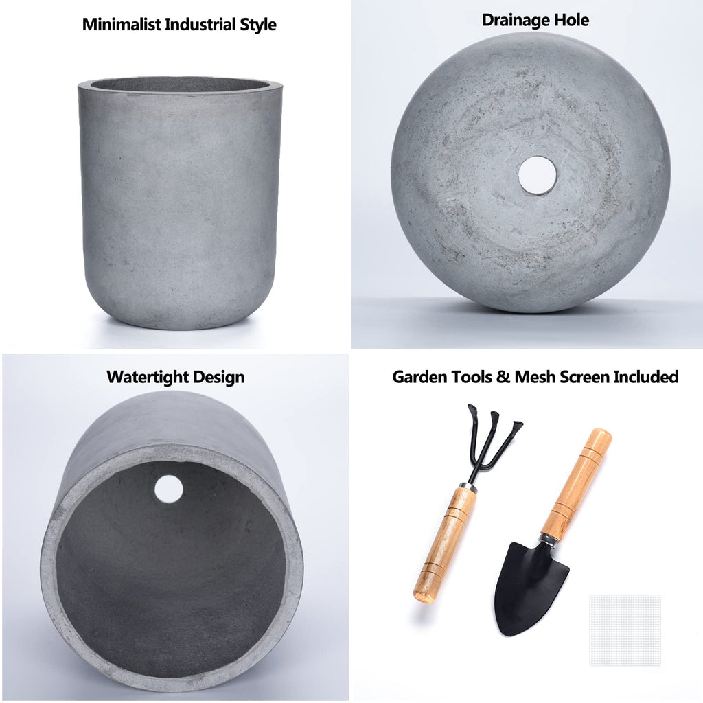 Round Concrete Planter Pot, Large Cement Planter Containers with Drainage Hole for Indoor Plants & Outdoor, 12.3" H