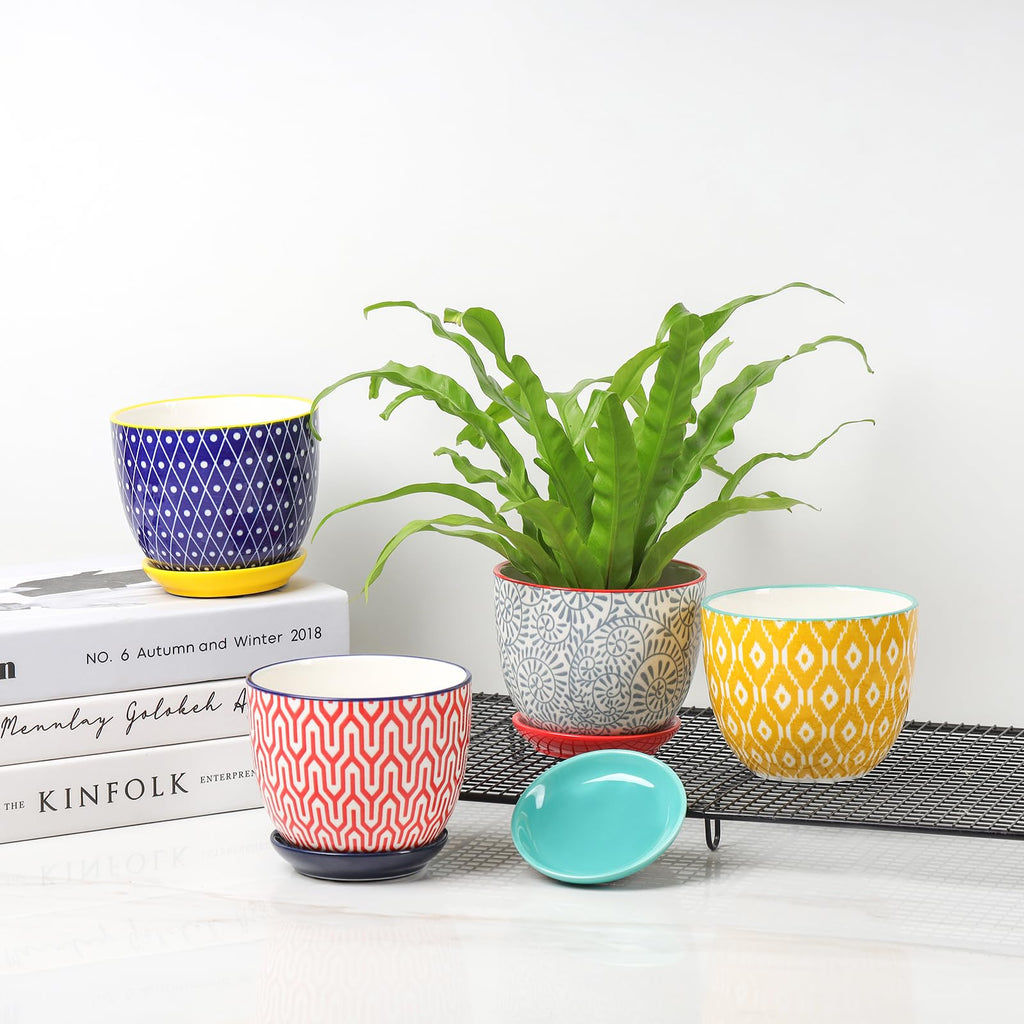 Ceramic Plant Pots, 4.6 Inch Flower Pots for Indoor Plants, Succulent Pots with Drainage Hole & Saucer, Succulent