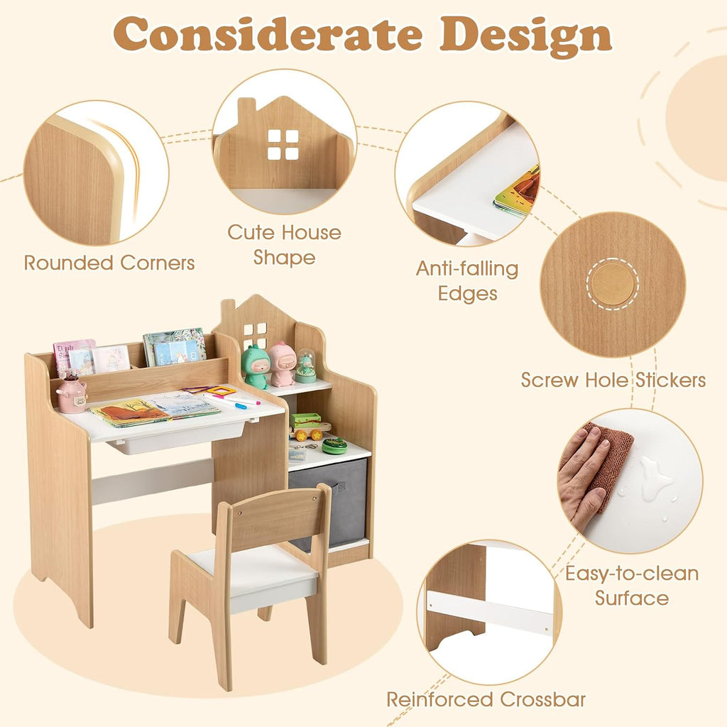 Kids Desk and Chair Set, Wooden Children School Study Table and Chair w/2 Drawers, Hutch, Storage Shelves, Student