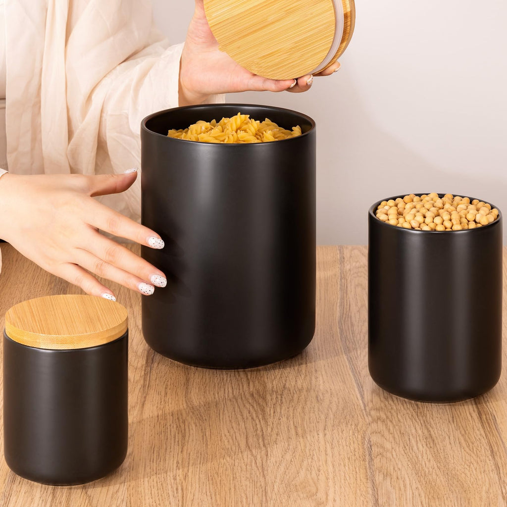 Black Ceramic Canister Set -Set of 3 Kitchen Canisters for Countertop with Airtight Wood Lids, Large Kitchen Storage