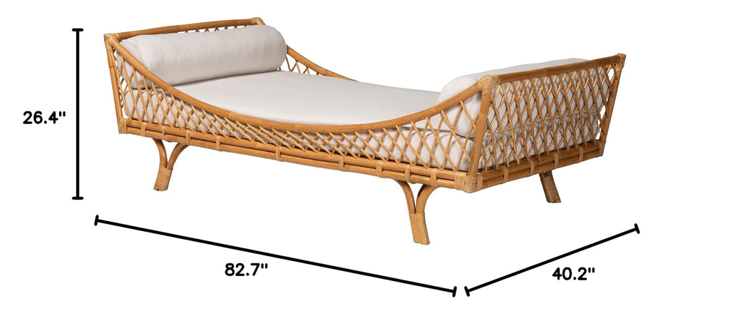 Akemi Handwoven Natural Rattan Daybed with Cushion - Boho Coastal Lounge Bed, or Sunroom