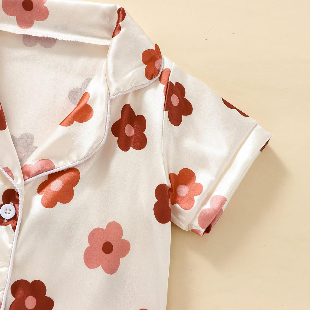 Toddler Girls Floral Silk Pajamas Short Sleeve Button-Up Top Shorts Summer 2PC Flowers Satin Pajamas Set