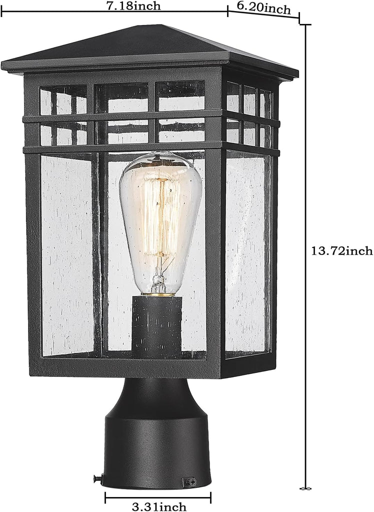 Outdoor Post Light Fixture, Modern Exterior Pillar Lantern with Black Finish & Seeded Glass, Pole Light for Garden