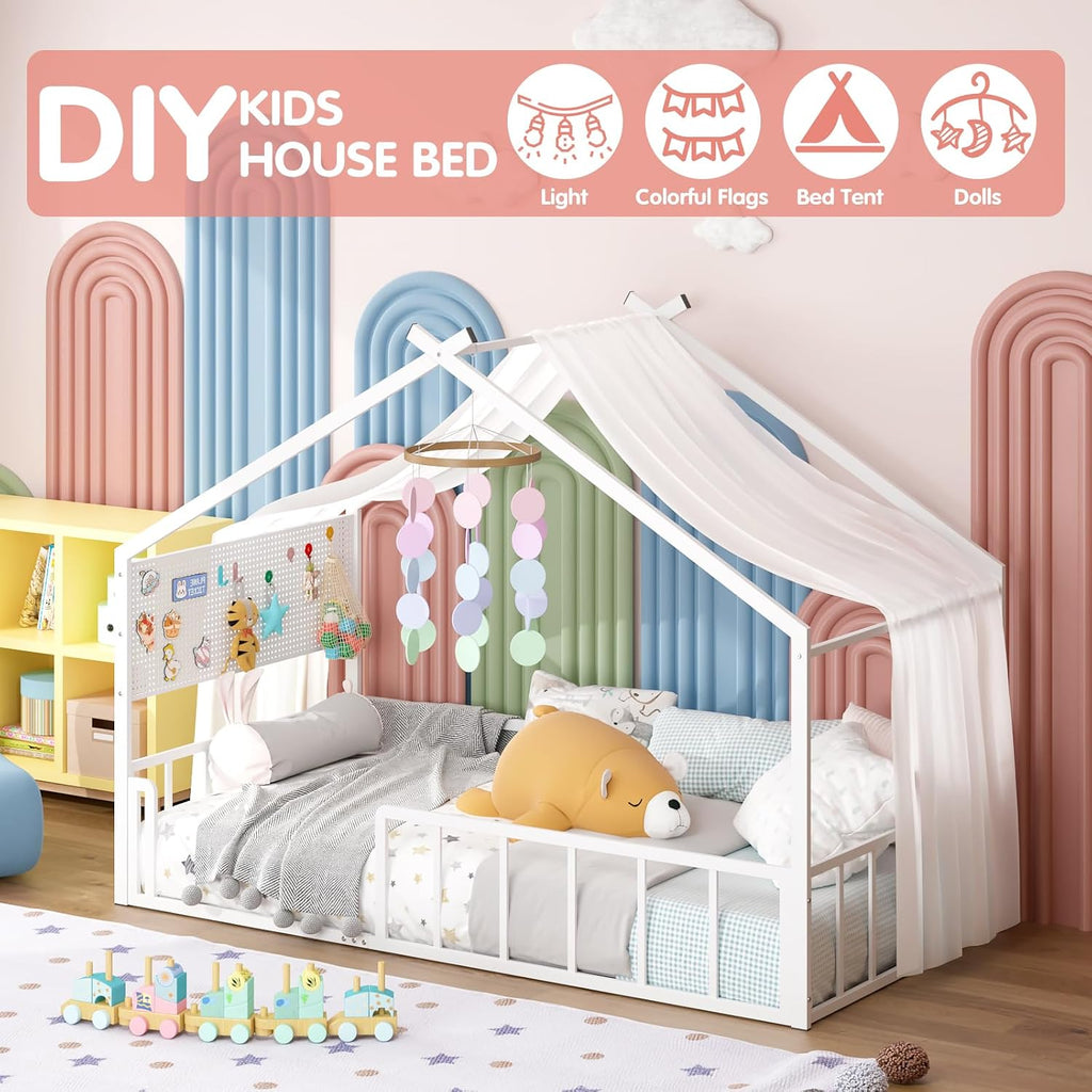 Montessori House Bed for Kids, Metal Floor Bed with Pegboard