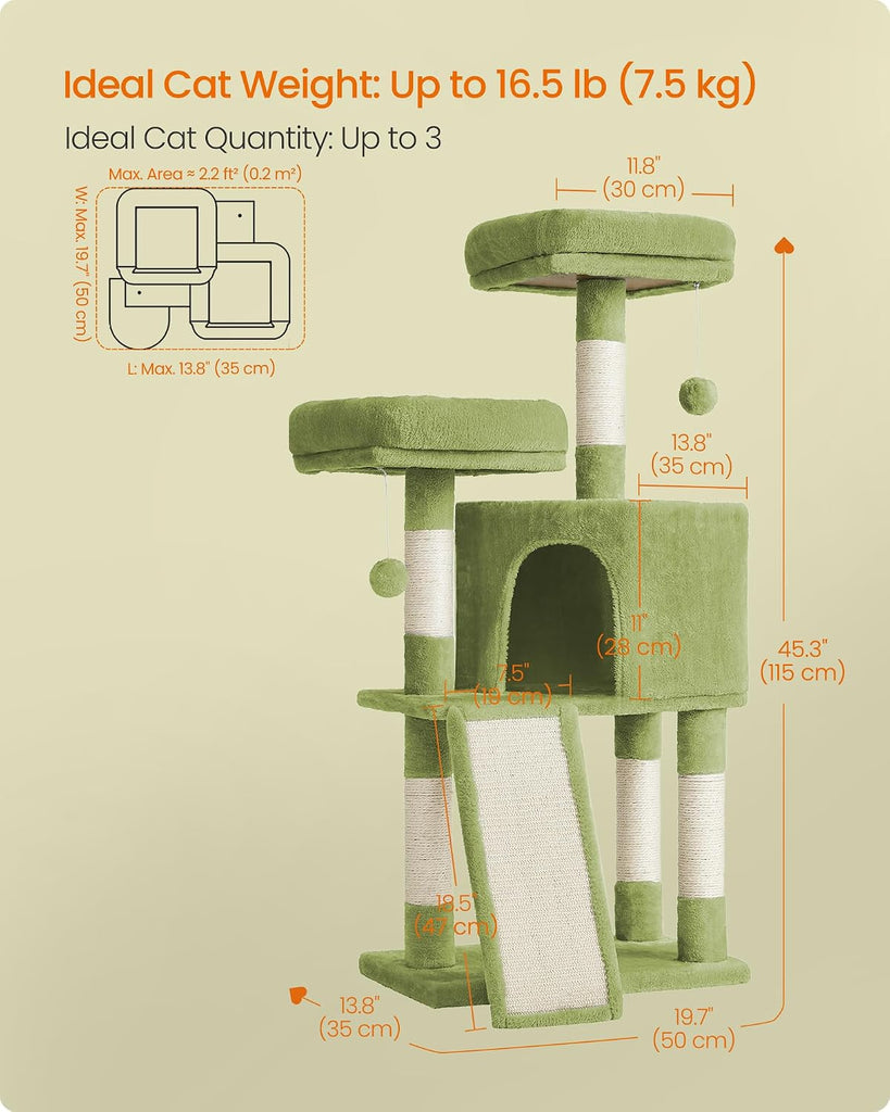 Cat Tree, 45.3-Inch Cute Cat Tower, Plush Climbing Condo, Green