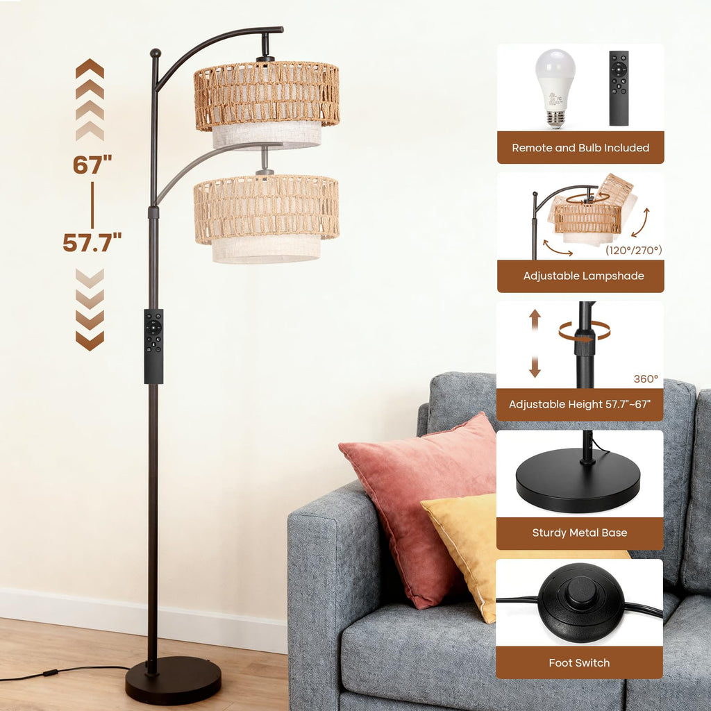 Arc Floor Lamp with Remote, 57.5"-67" Height Adjust Dimmable Bulb Floor Lamps with 3 Color Temps, Boho Standing Lamp