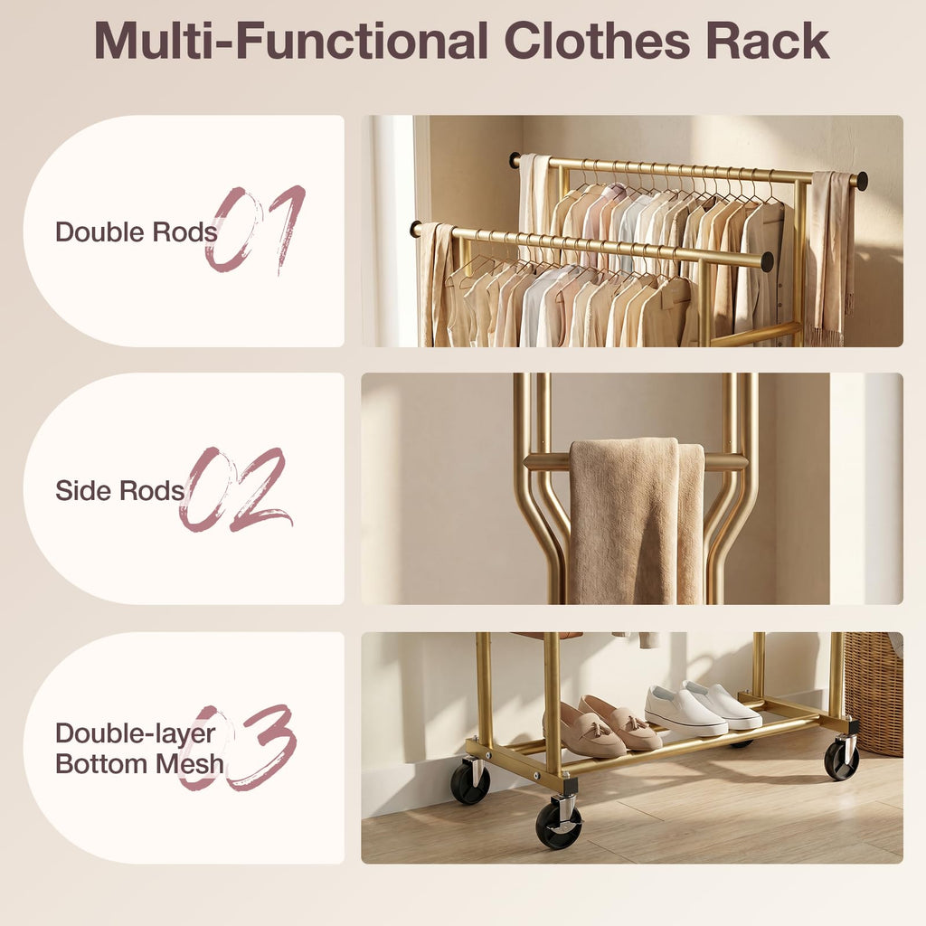Clothes Rack, Double Rods Rolling Clothing Rack for Hanging Clothes Load 260 LBS Closet Rack with Wheels, Metal