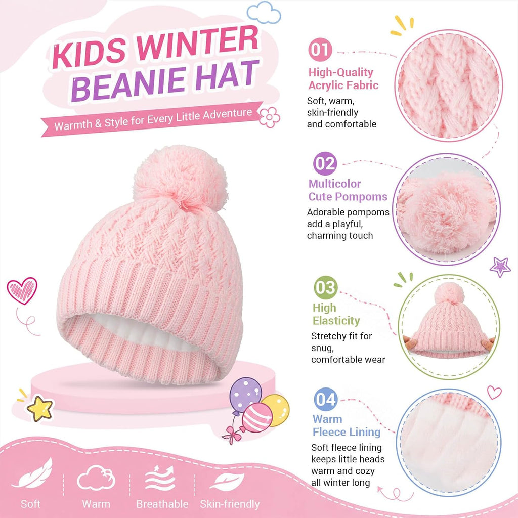 Kids Winter Hat Gloves Scarf Set, Unisex Children Beanie Hat with Pom