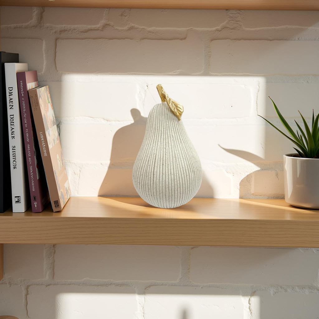 Gray-White Pear Figurine with Gold Leaf, Resin Pear Sculpture Decor, Minimalist Decorative Fruit Statue Counter