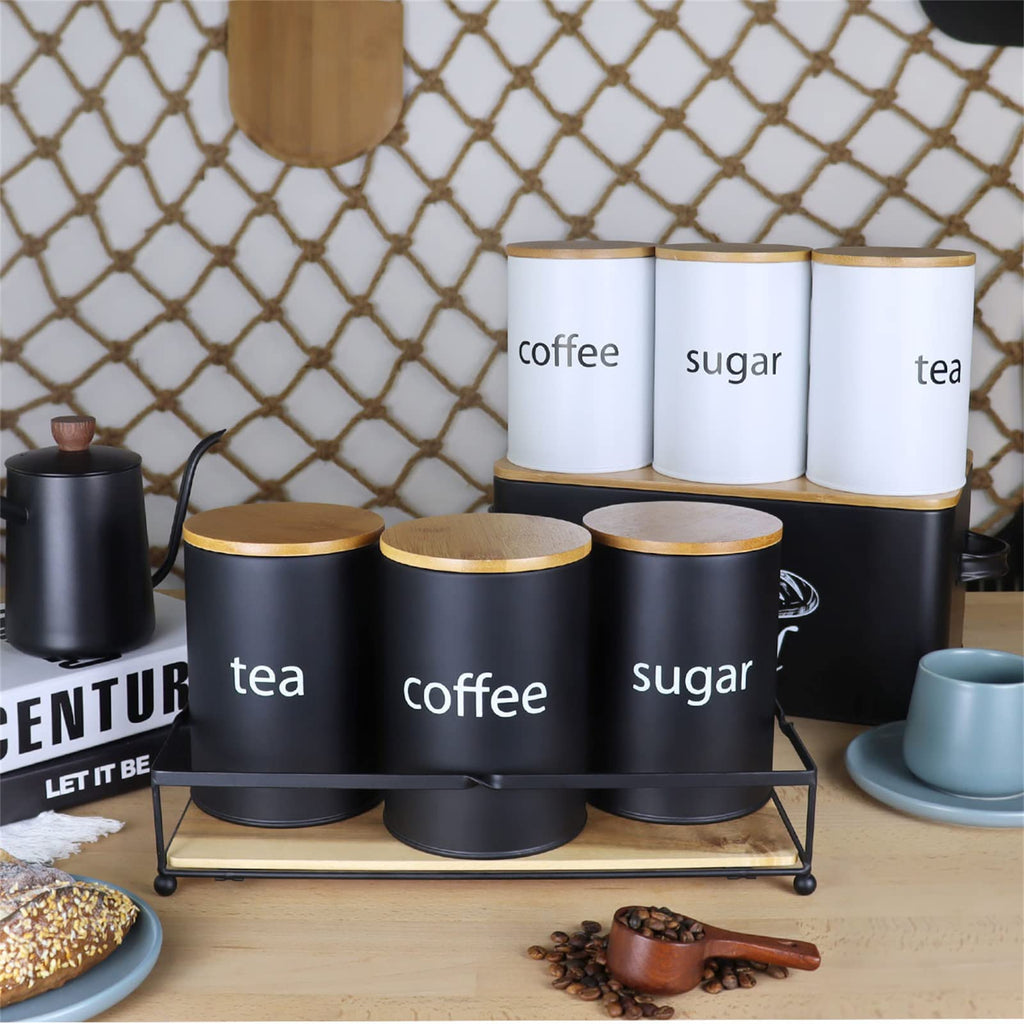 Metal Food Storage Jar Farmhouse Coffee Canisters with Bamboo Lids, Black Kitchen Canisters Set of 3 Decorative