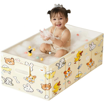Foldable Baby Bathtub with Cute Animal Print, Portable Infant Bath Tub,31.5x17.7x9.8 Inch Expanded (Yellow)