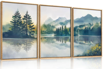 Large Green Mountain Framed Canvas Wall Art Set, Nature Foggy Forest Lake Reflection Wall Decor, Modern Pine Tree