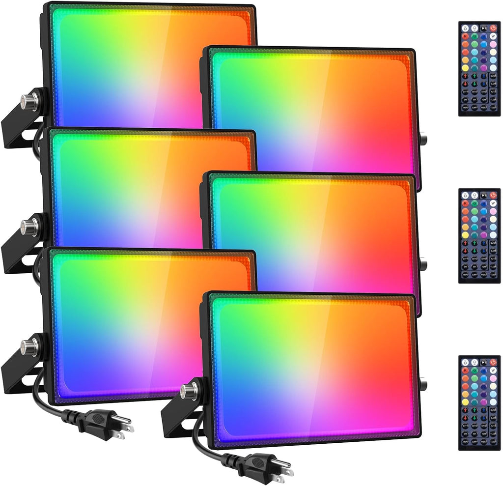 6 Pack RGB LED Flood Light Outdoor, 70W Color Changing Uplights with Remote, 2700K Warm White IP66 Stage Lighting