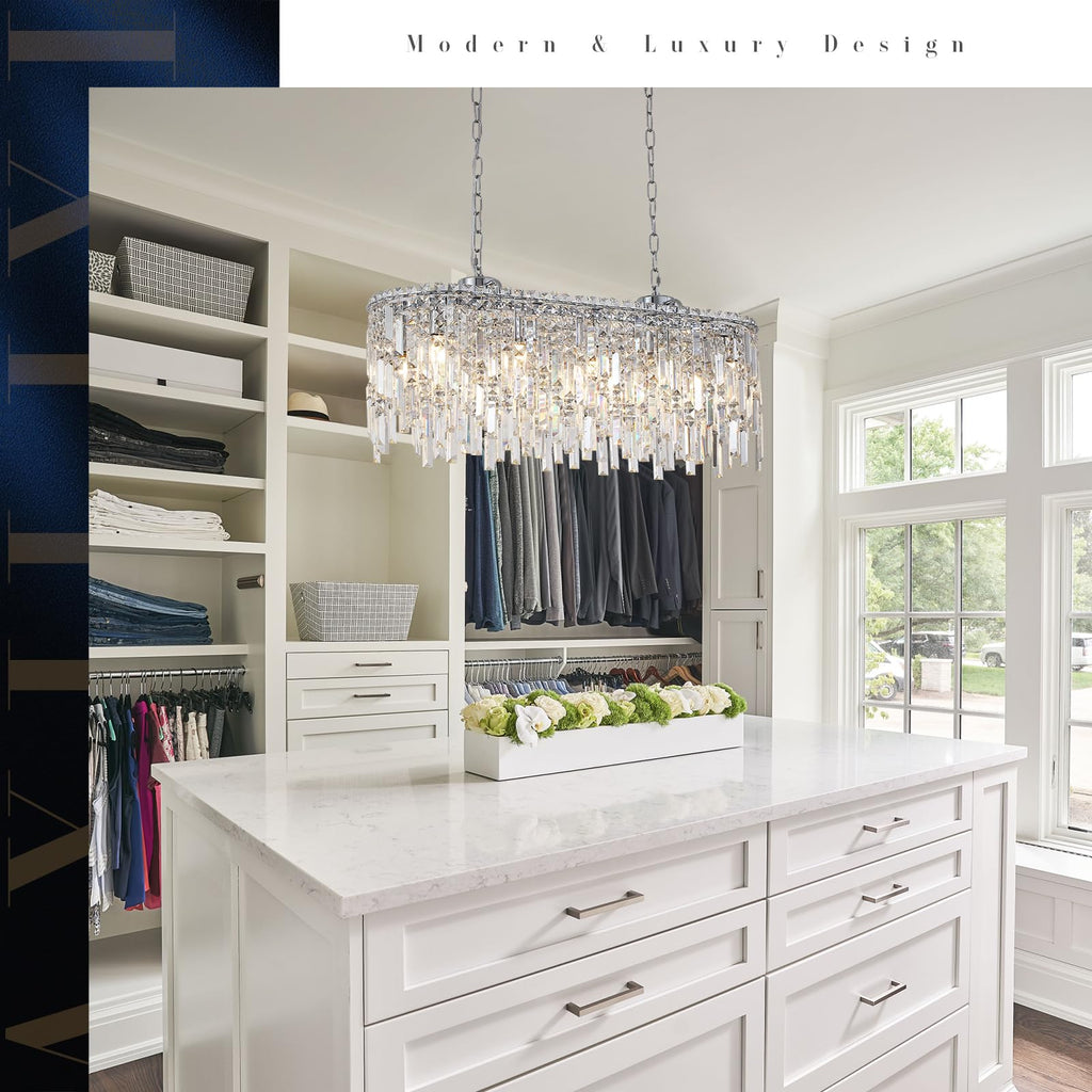 Rectangular Crystal Chandelier Modern Chrome Chandelier Linear Rectangle Pendant Light Fixtures Island L33" K9 Luxury