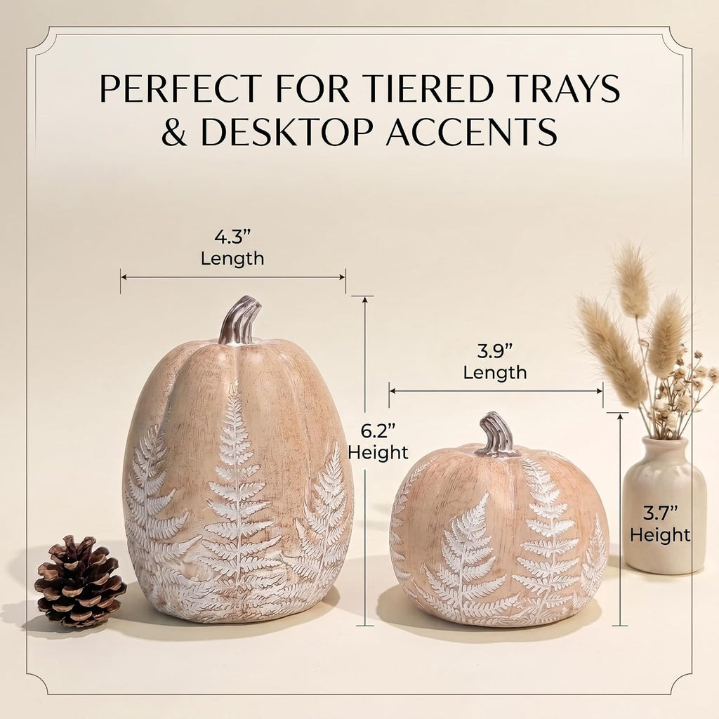 Fall Pumpkins for Decorating, Brown Resin Pumpkin Decor with Leaves Pattern - Set of 2