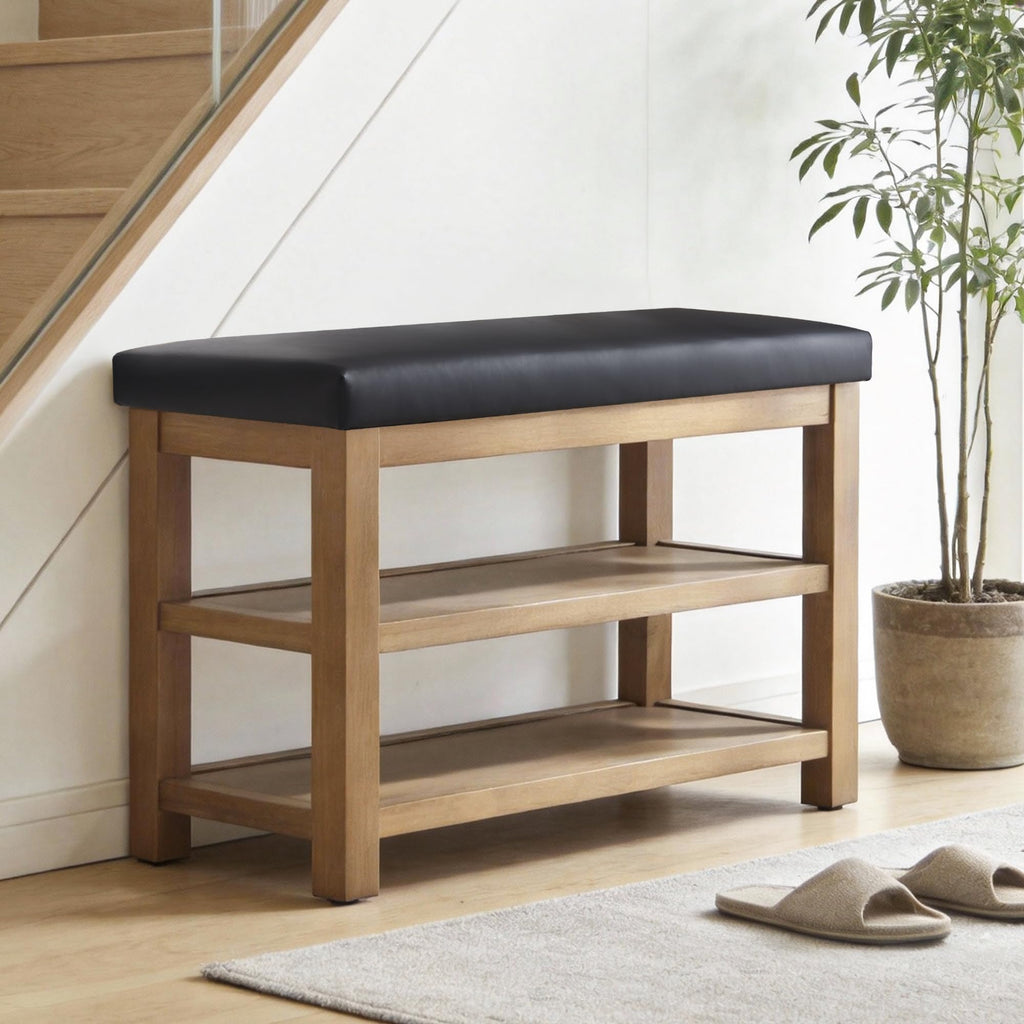Shoe Rack Bench with Leather Cushion, 2 Tier Solid Wood Storage Bench, Mid-Century Modern Shoe Bench, Closet, Front