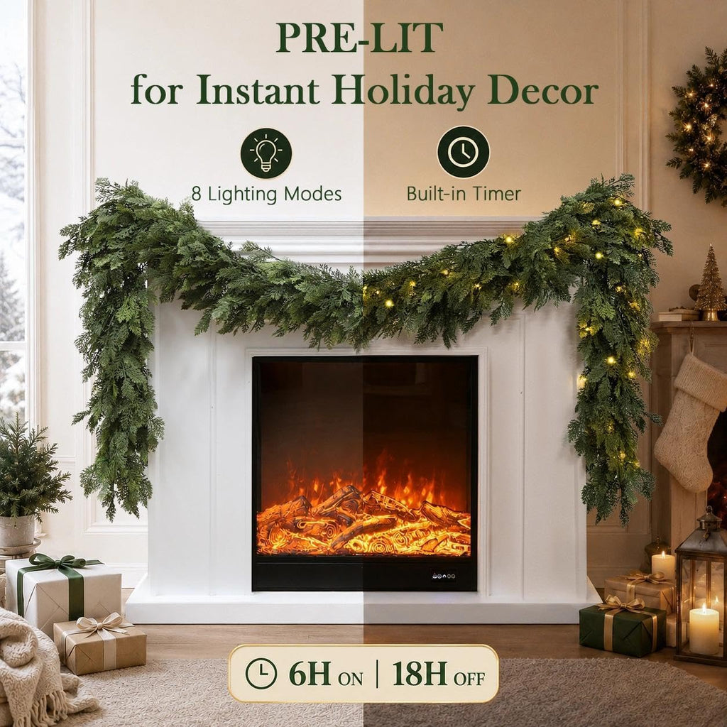 Pre-Lit Christmas Garland 9FT Decorations Real Touch Cedar Cypress Pine Greenery Artificial Green Christmas Garland - Set of 9