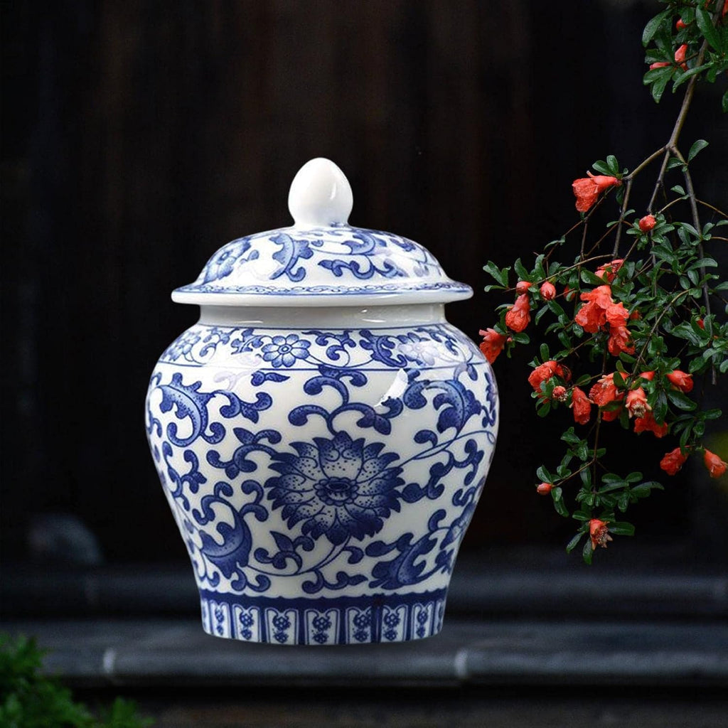 Chinese Style Blue White Porcelain Decorative Ginger Jar Tea Storage Jar with Lid Floral Arrangement with Fine Glaze