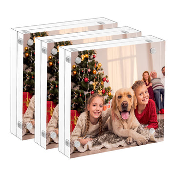 5x5 Clear Acrylic Picture Frames 3 Pack, 20% Thicker Blocks Self Standing Magnetic Photo Frame, Desktop Card Display