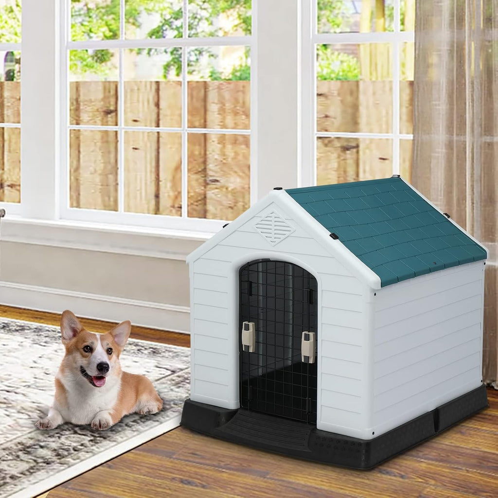 Plastic Dog House, 33" Pet Dog Kennel with Door Water Resistant for Small Medium Sized Dogs, Indoor & Outdoor Use
