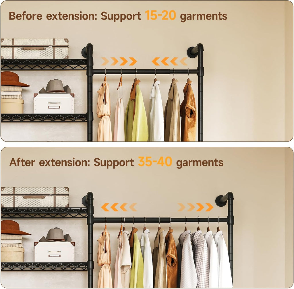 H3 Expandable Wall Mounted Closet System, 5.4FT-8.1FT Closet Organizer with 4 Telescopic Rods & 6 Wire Shelves