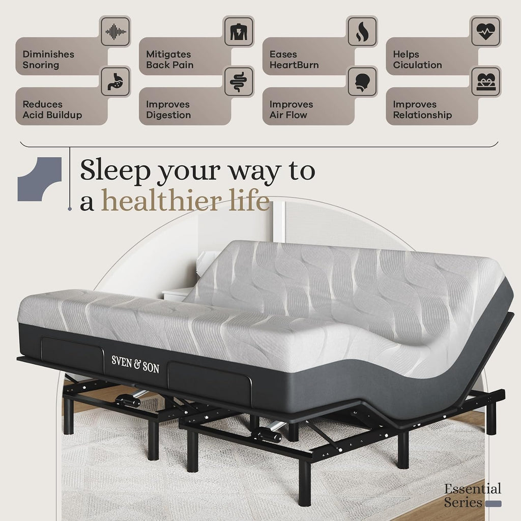 Sven and Son Essential Adjustable Bed Base (Frame) + 12 inch Memory Foam Matt (Medium), Easy Assembly, Head and Foot