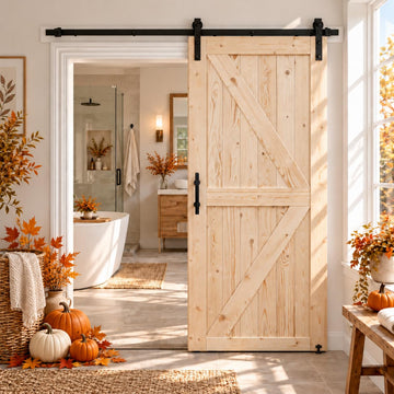 36in x 84in Unfinished British Brace Knotty Barn Door with Sliding Hardware Kit/Solid Wood/Sliding Door/Double
