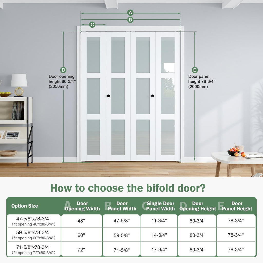 Bifold Doors for 60"×80-3/4" Opening, White Frosted Glass Folding Barn Door, Sliding Interior Wood Panel Closet
