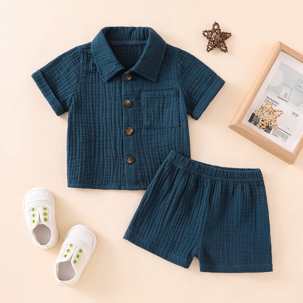 Baby Boys Clothes Set Toddler Infant Boys Button-down Shirt Tops + Cotton Gauze Shorts Summer Outfit 2PCS with Pockets